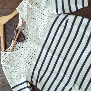 ANTHRO I Blue & White Short Sleeve Striped Eyelet Tunic Top by Postmark, S